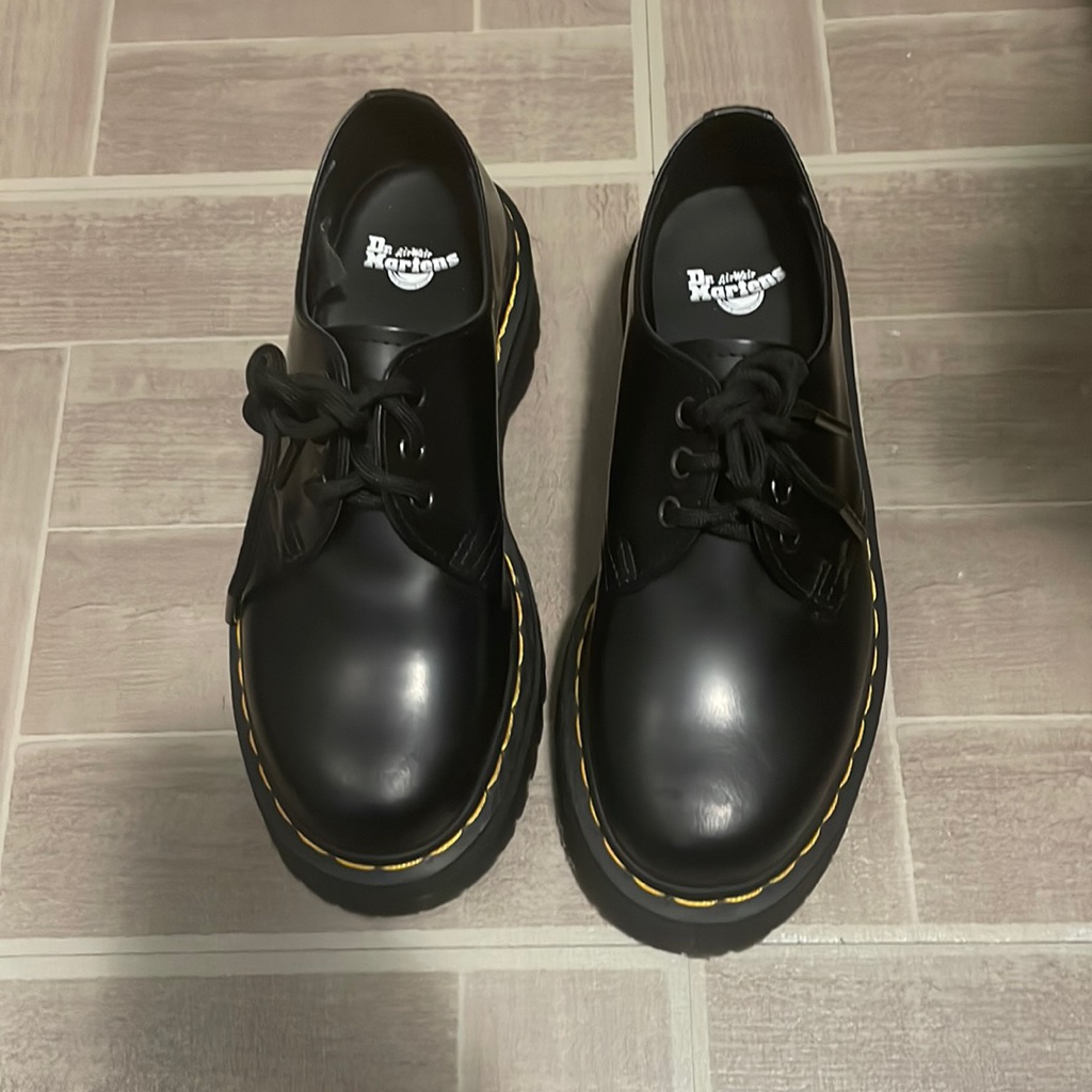 Dr. Martens Women's 3-Eye Black Leather Shoes With Yellow Stitching